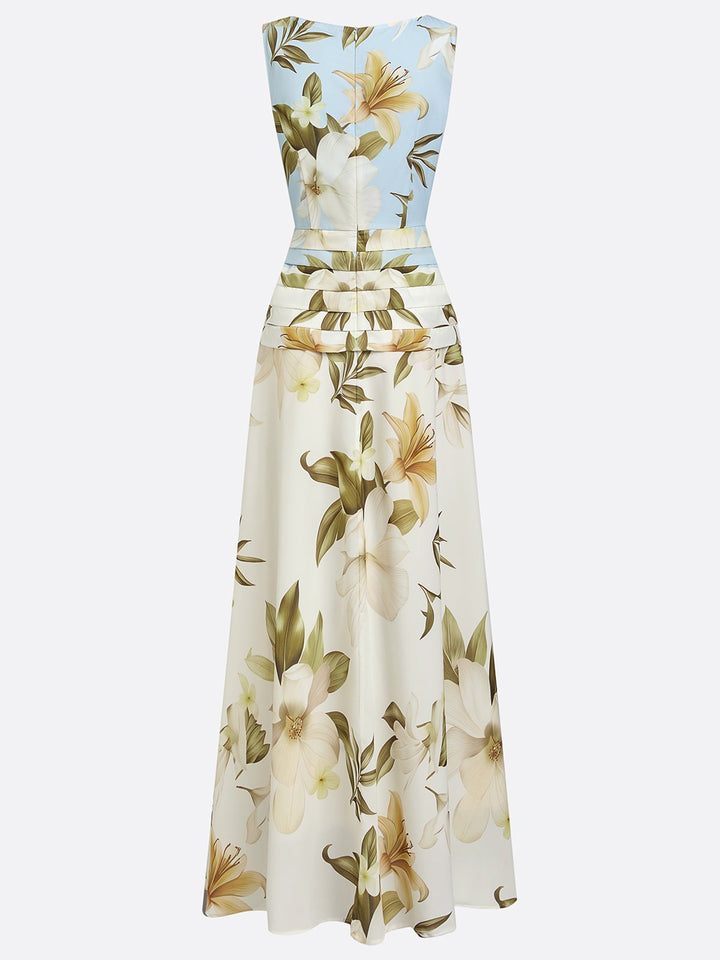 Floral Boat Neck Sleeveless Wedding Guest Maxi Dress