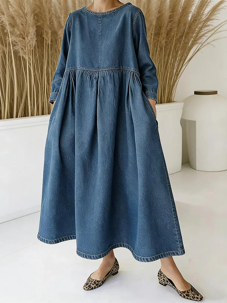 Round Neck Long Sleeve Denim Maxi Dress