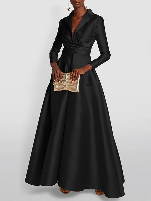 Solid Colour A-Line Maxi Dress – High-Waisted V-Neck