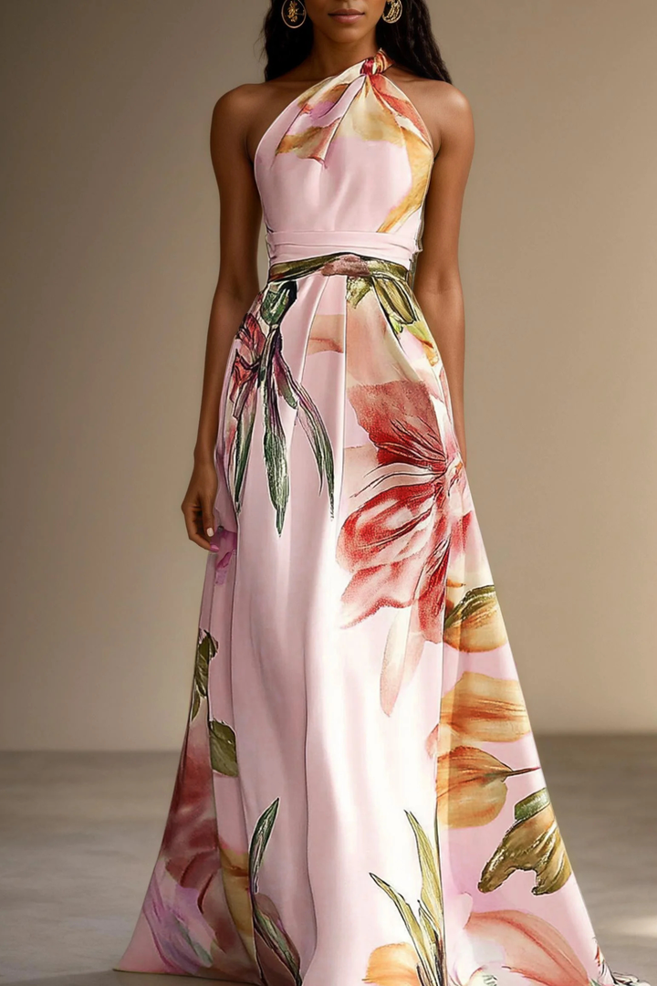 Floral Satin One-Shoulder Wedding Guest Maxi Dress