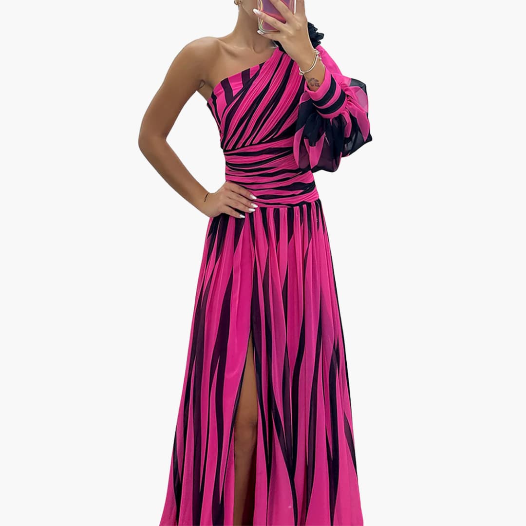 One-Shoulder Side Split Wedding Guest Maxi Dress