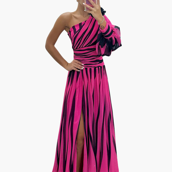 One-Shoulder Side Split Wedding Guest Maxi Dress