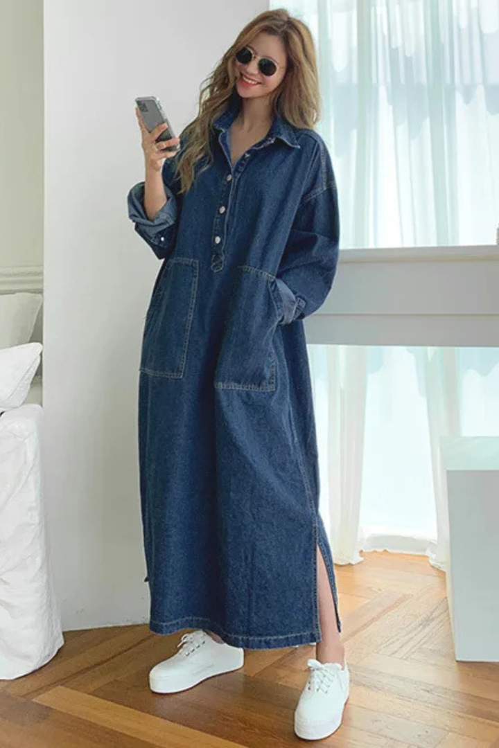 Oversized Collared Denim Maxi Dress with Pockets