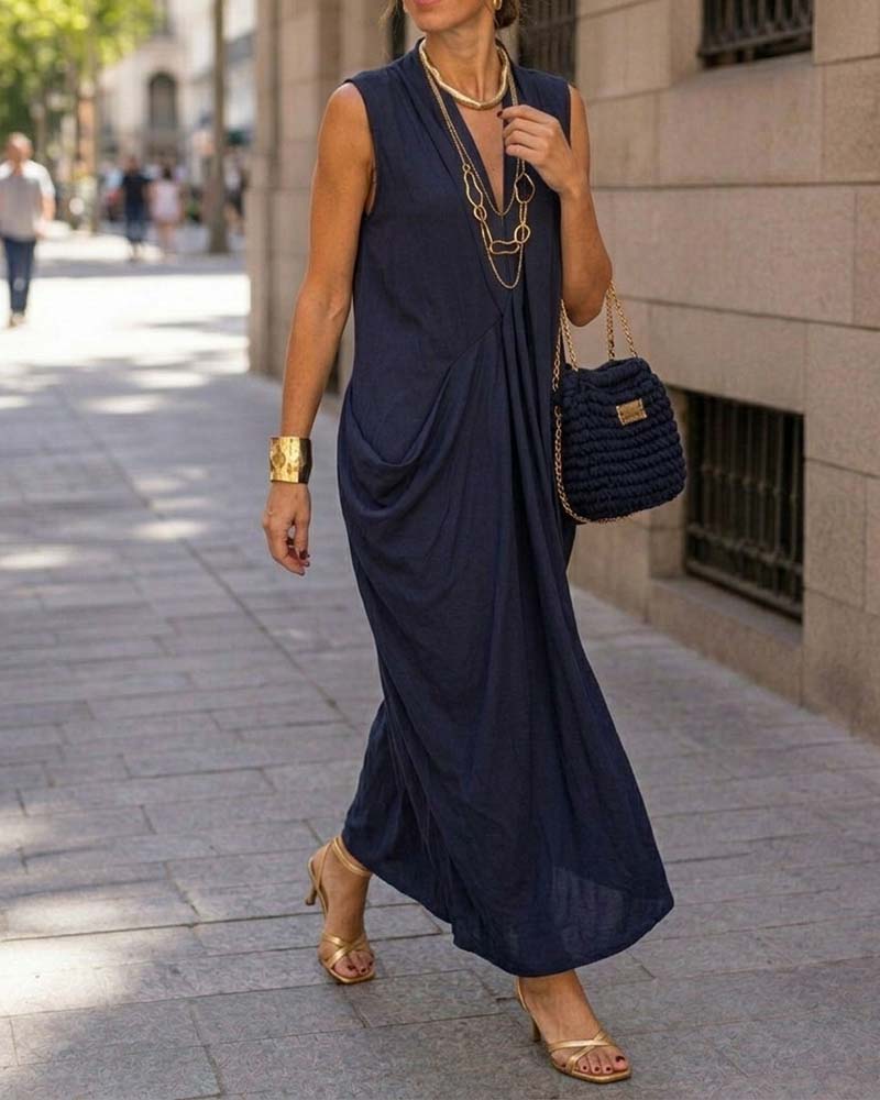 Sleeveless V-Neck Pocket Shirred Maxi Dress