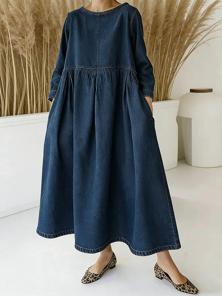 Round Neck Long Sleeve Denim Maxi Dress
