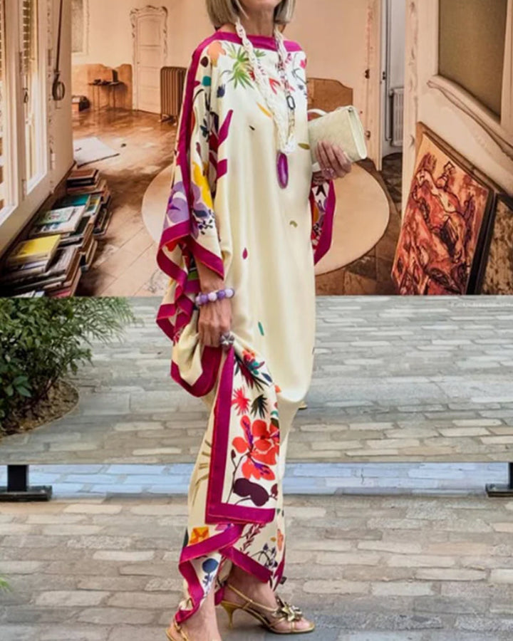 Off Shoulder Contrast Floral Print Loose Batwing Maxi Dress