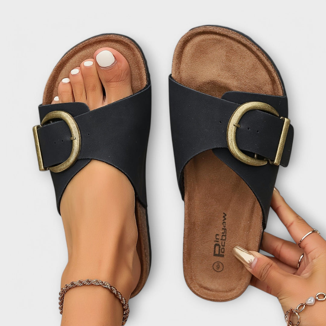 Margie - Women's Cork Mules with Buckle Strap Design