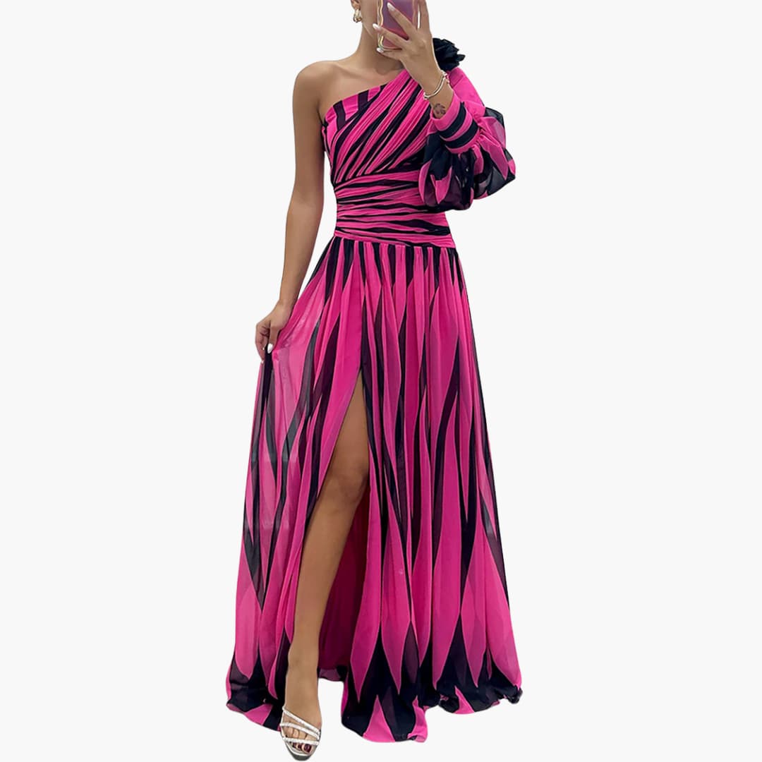 One-Shoulder Side Split Wedding Guest Maxi Dress