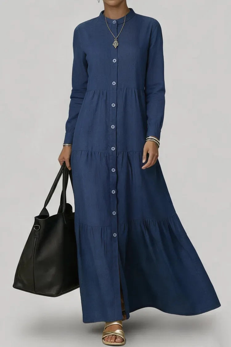 Long Sleeve Single-Breasted Denim Maxi Dress