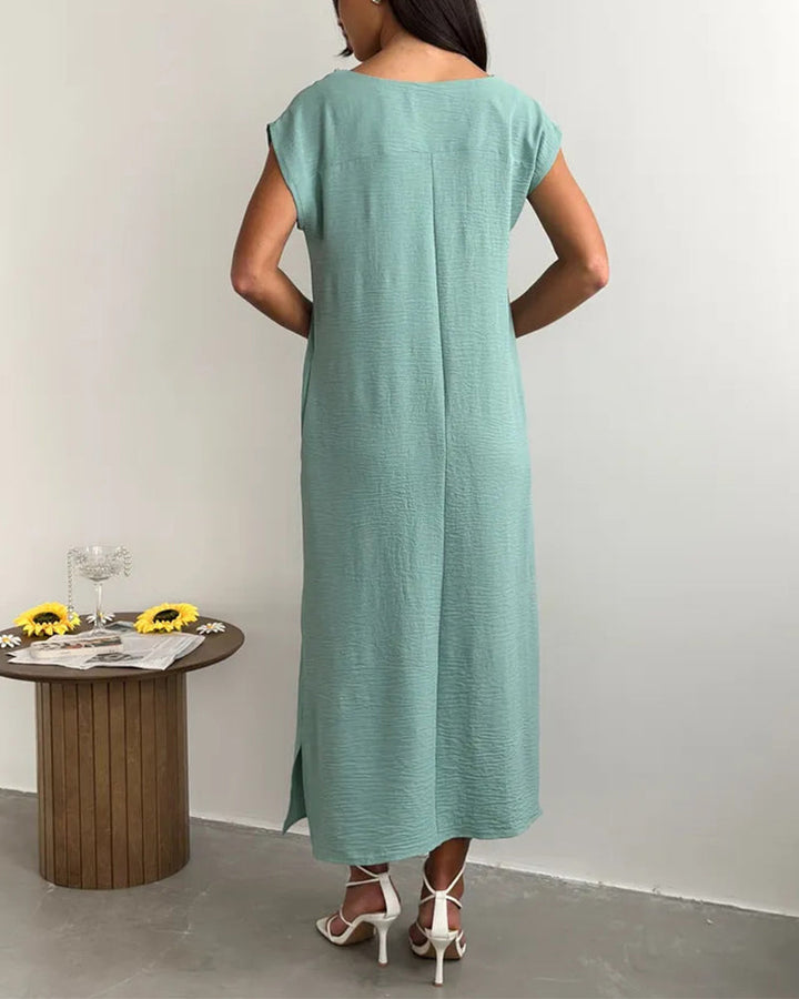 Solid Round Neck Short Sleeve Slit Loose Maxi Dress
