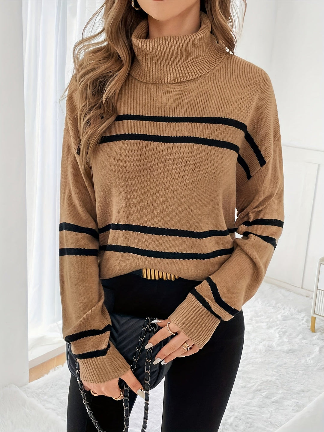 Thea – Striped High Neck Sweater