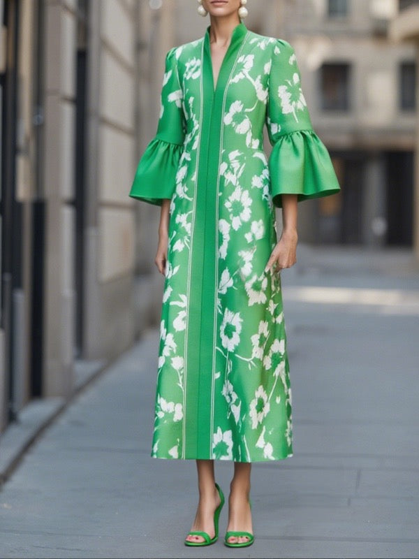 Floral Print Pleated Maxi Dress – Flared Sleeve V-Neck