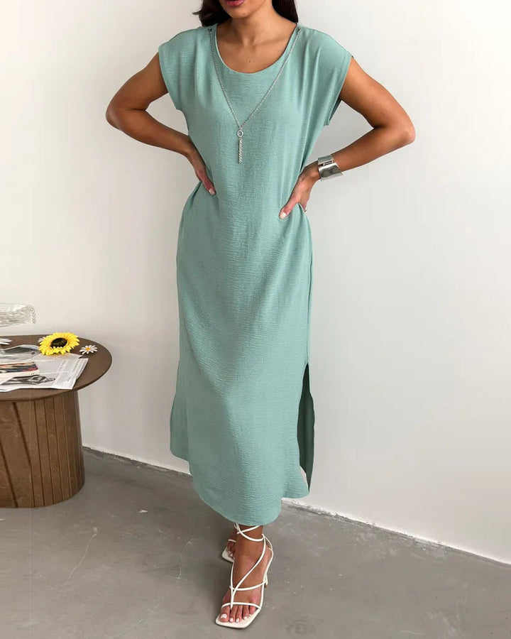 Solid Round Neck Short Sleeve Slit Loose Maxi Dress
