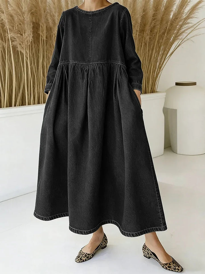 Round Neck Long Sleeve Denim Maxi Dress