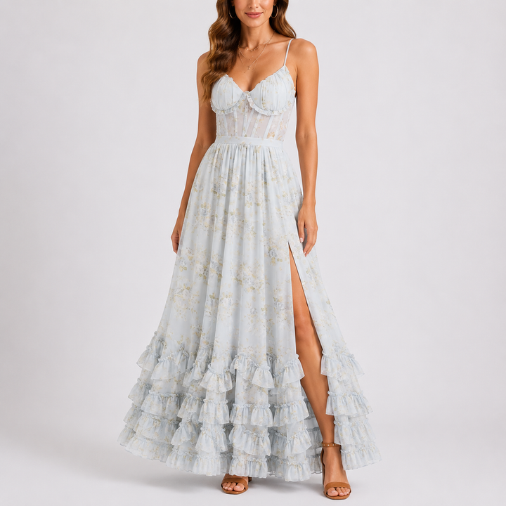 Floral Corset Maxi Dress – Adjustable Straps, Side Split