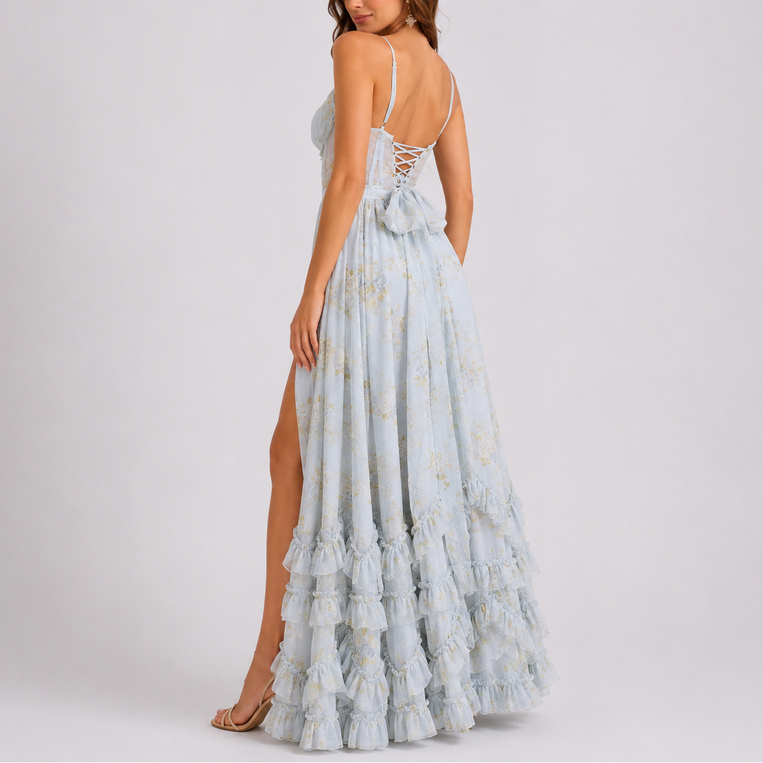 Floral Corset Maxi Dress – Adjustable Straps, Side Split