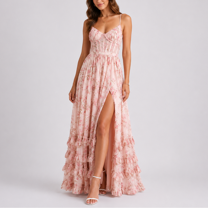 Floral Corset Maxi Dress – Adjustable Straps, Side Split
