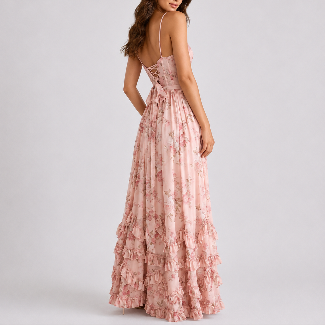 Floral Corset Maxi Dress – Adjustable Straps, Side Split