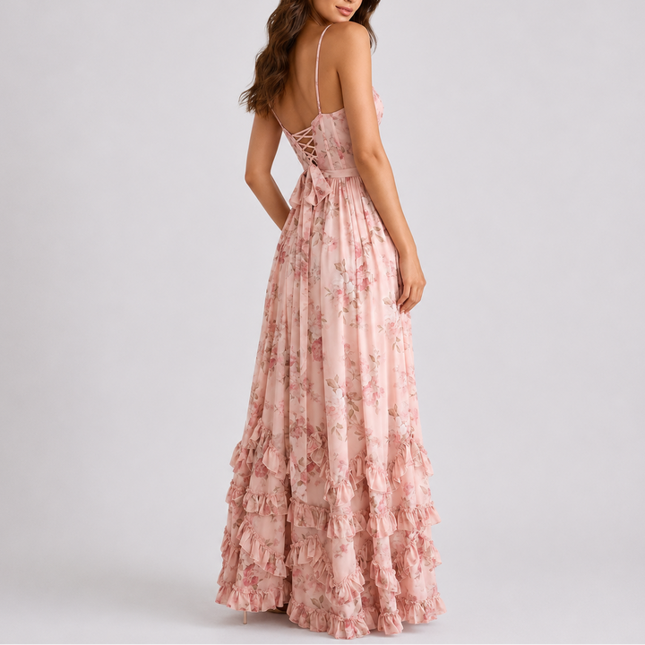 Floral Corset Maxi Dress – Adjustable Straps, Side Split