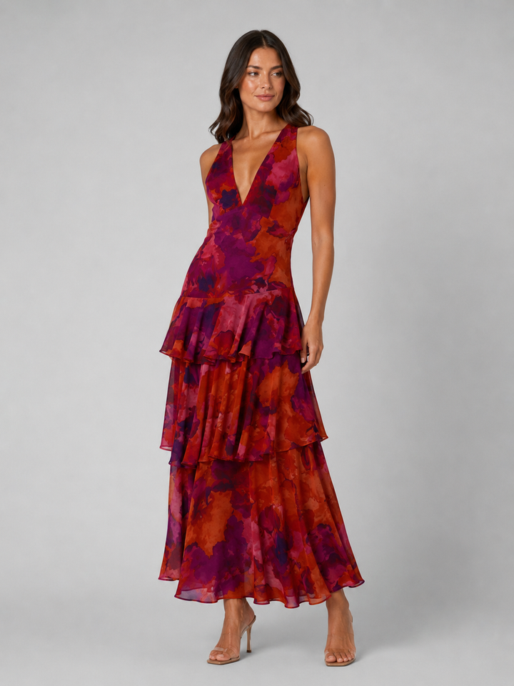 Tiered Ruffle V-Neck Maxi Dress