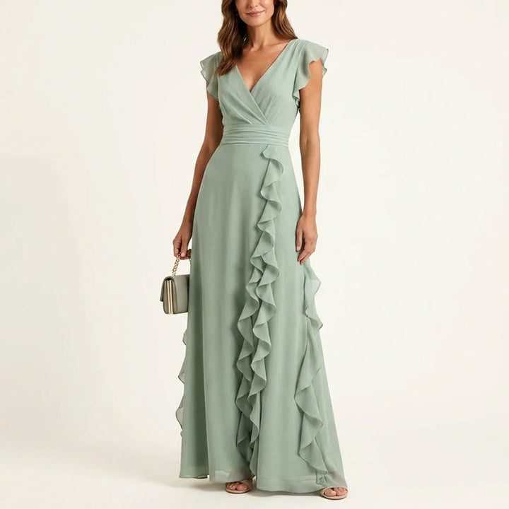 Ruffle Trim Wrap V-Neck Maxi Dress
