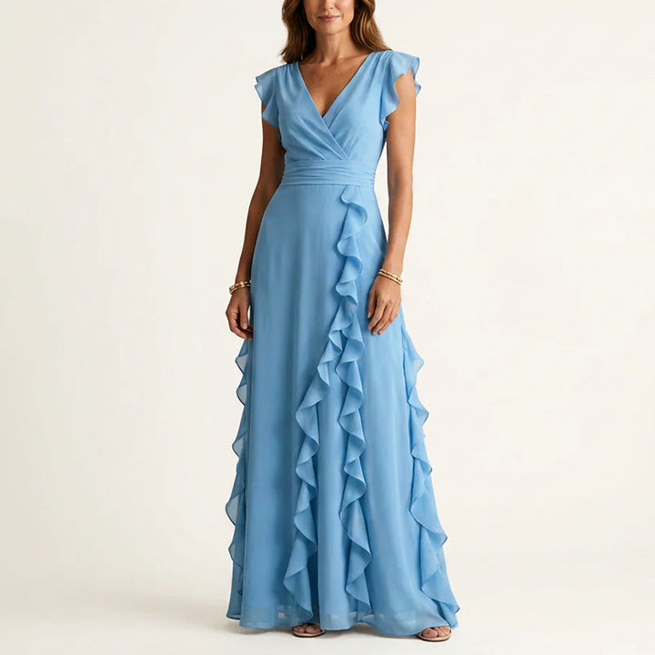 Ruffle Trim Wrap V-Neck Maxi Dress