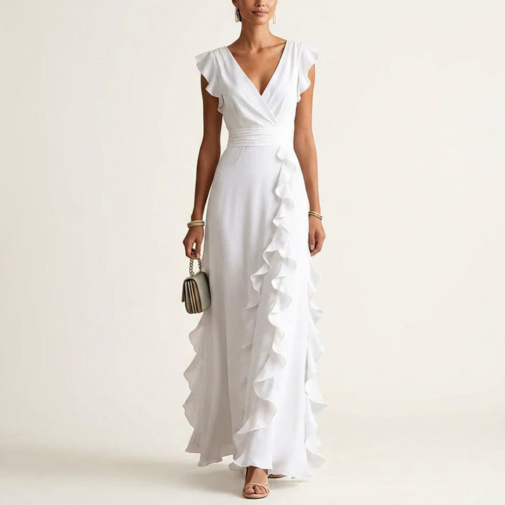 Ruffle Trim Wrap V-Neck Maxi Dress
