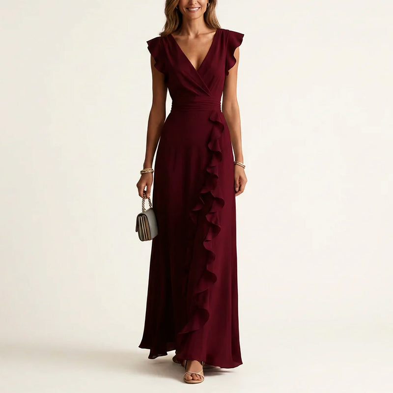 Ruffle Trim Wrap V-Neck Maxi Dress