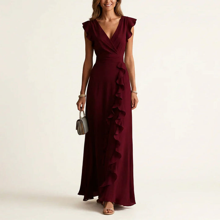Ruffle Trim Wrap V-Neck Maxi Dress