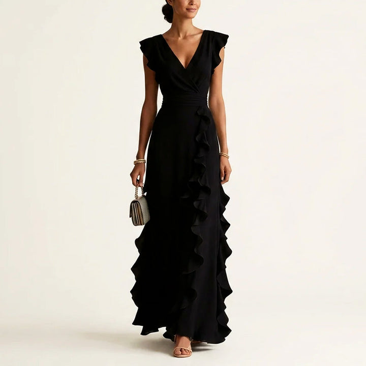 Ruffle Trim Wrap V-Neck Maxi Dress