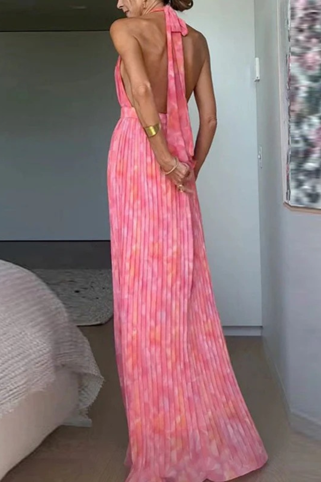 Wedding Guest Halter Neck Pleated Maxi Dress