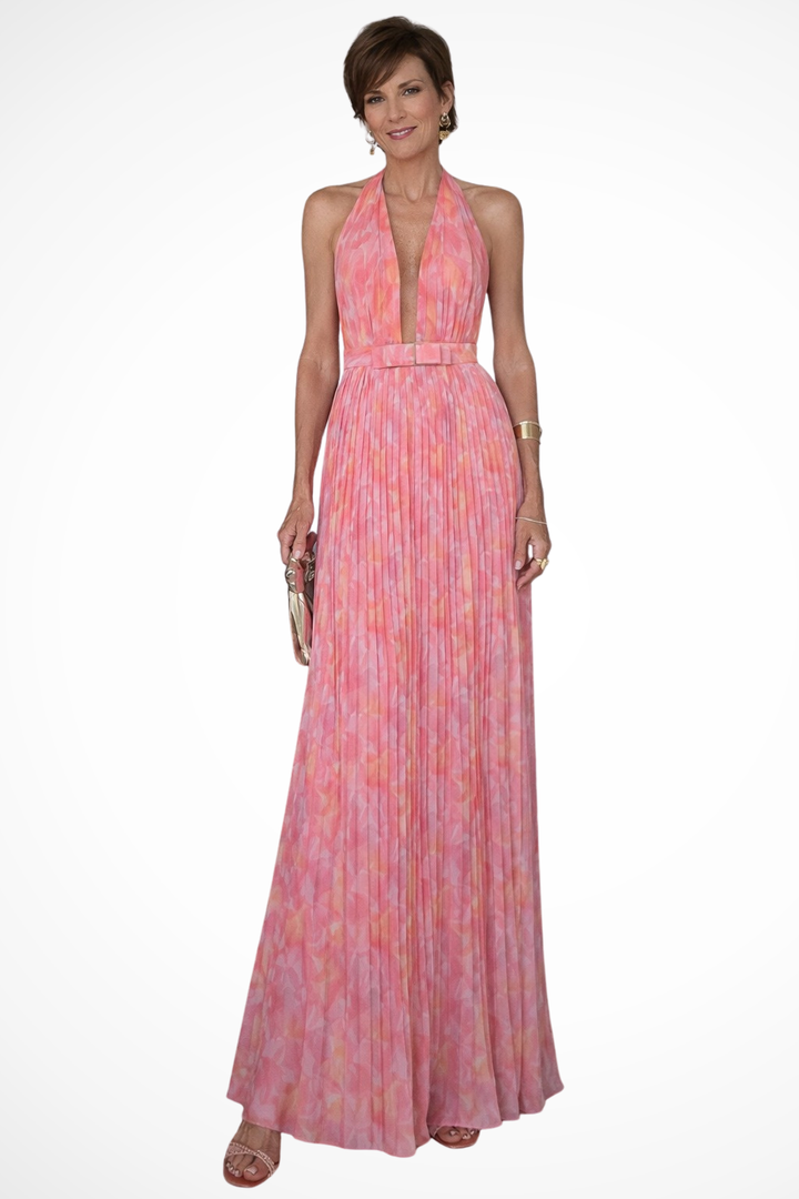 Wedding Guest Halter Neck Pleated Maxi Dress