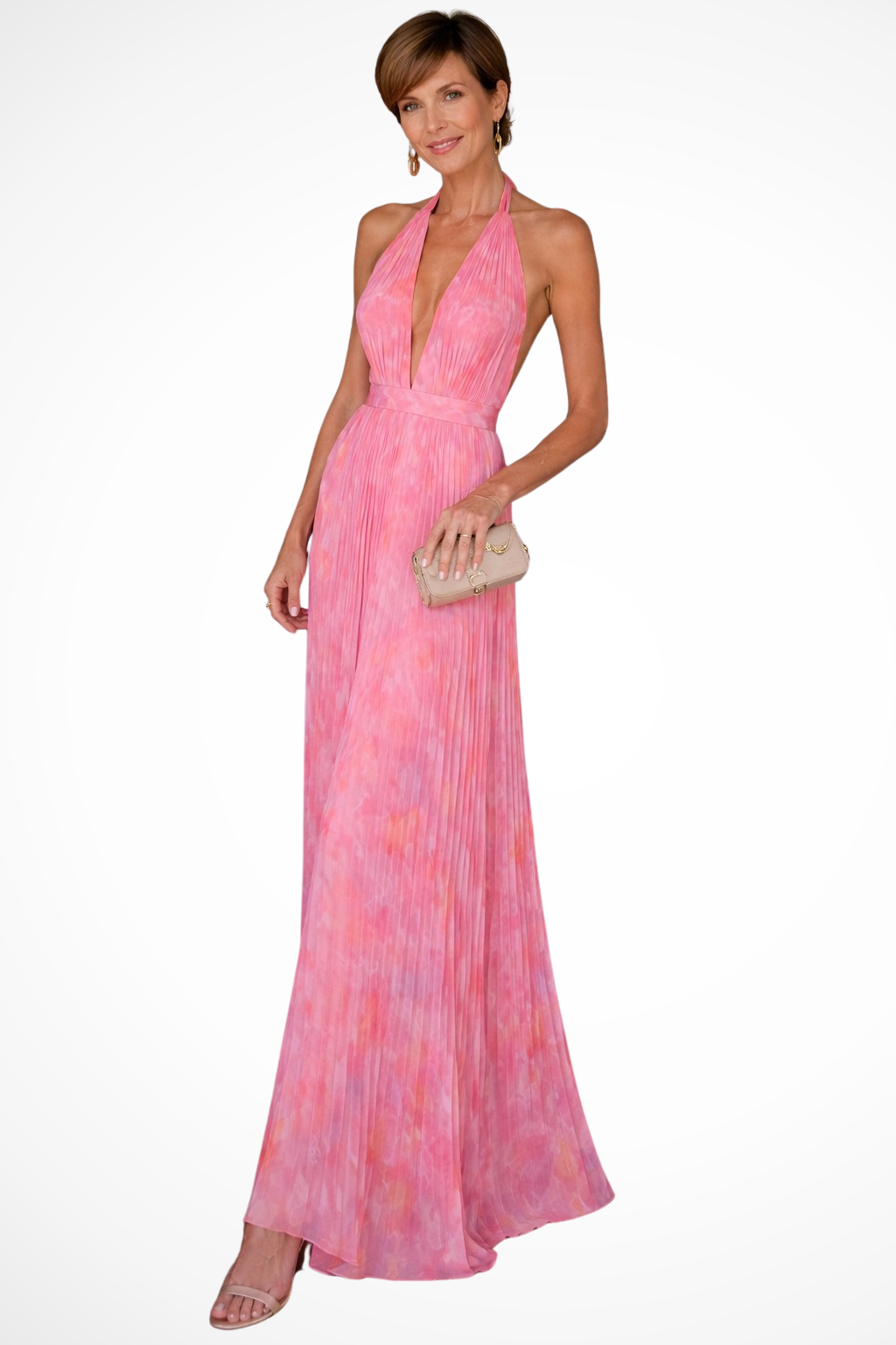 Wedding Guest Halter Neck Pleated Maxi Dress