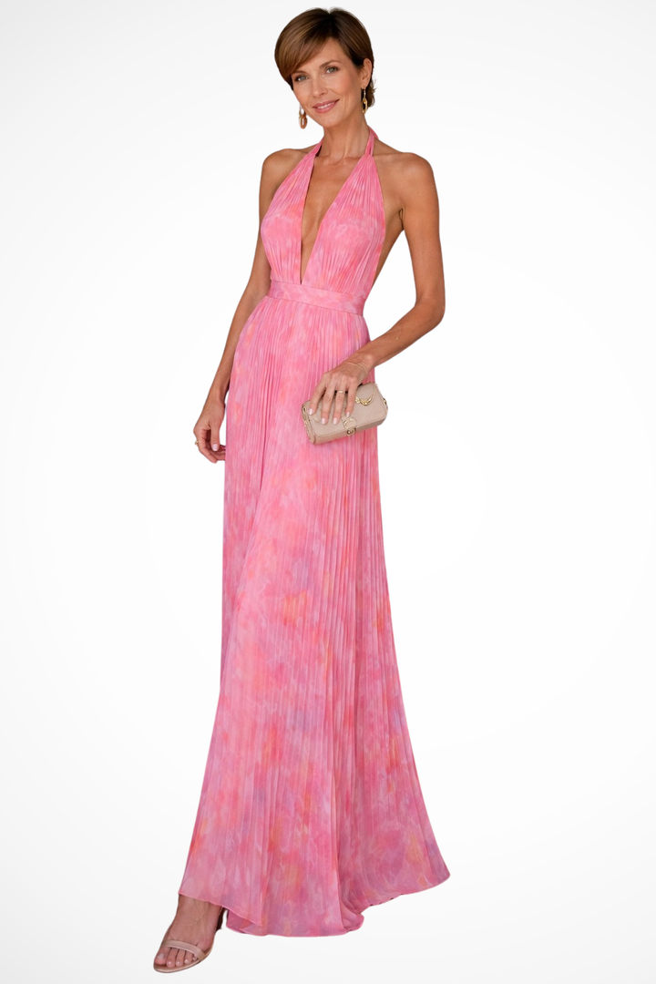 Wedding Guest Halter Neck Pleated Maxi Dress