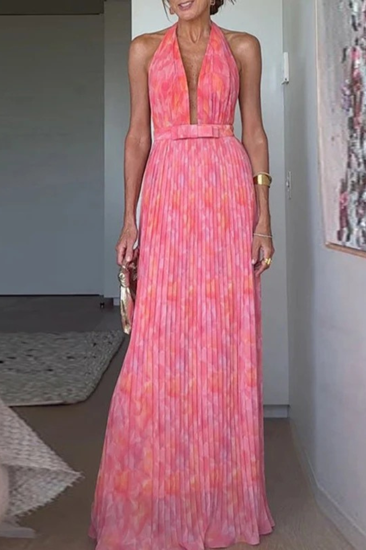 Wedding Guest Halter Neck Pleated Maxi Dress