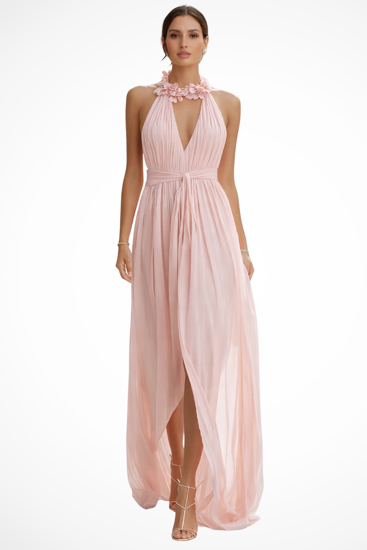 Halter Neck Pleated Chiffon Wedding Guest Maxi Dress