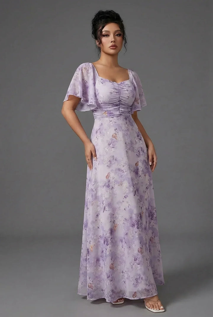Floral Flutter Sleeve Wedding Guest Maxi Dress