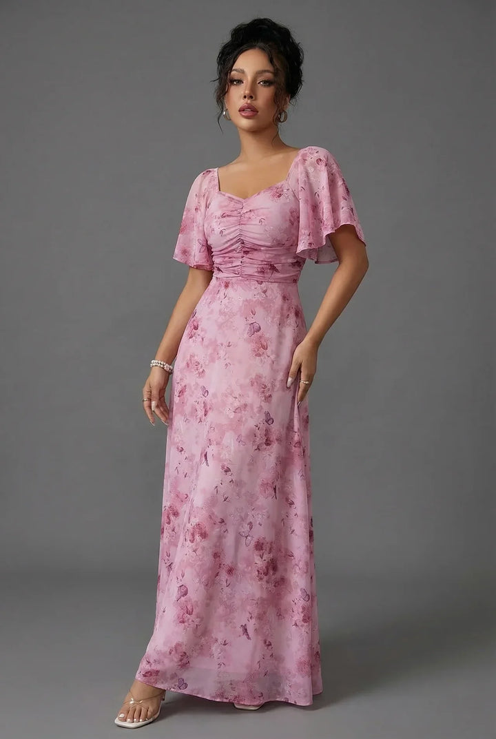 Floral Flutter Sleeve Wedding Guest Maxi Dress