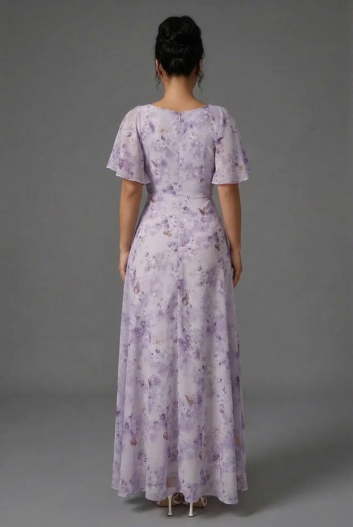 Floral Flutter Sleeve Wedding Guest Maxi Dress