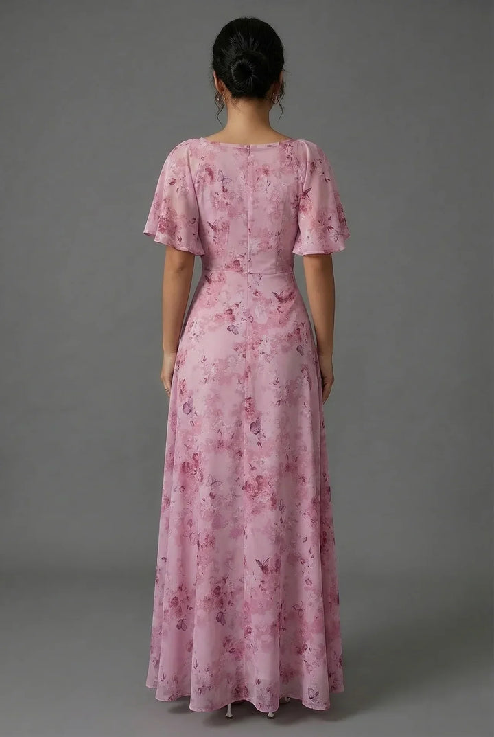 Floral Flutter Sleeve Wedding Guest Maxi Dress