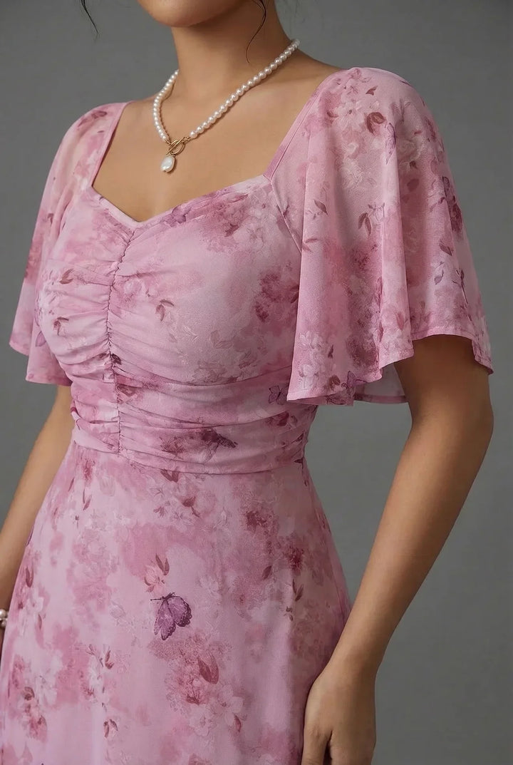 Floral Flutter Sleeve Wedding Guest Maxi Dress