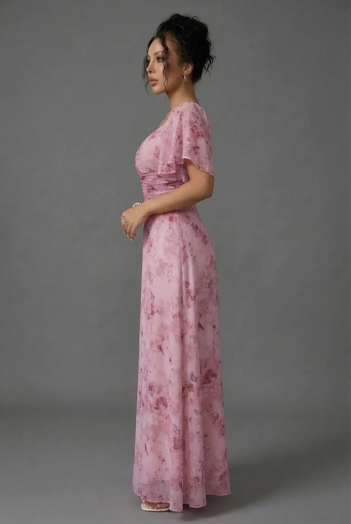 Floral Flutter Sleeve Wedding Guest Maxi Dress