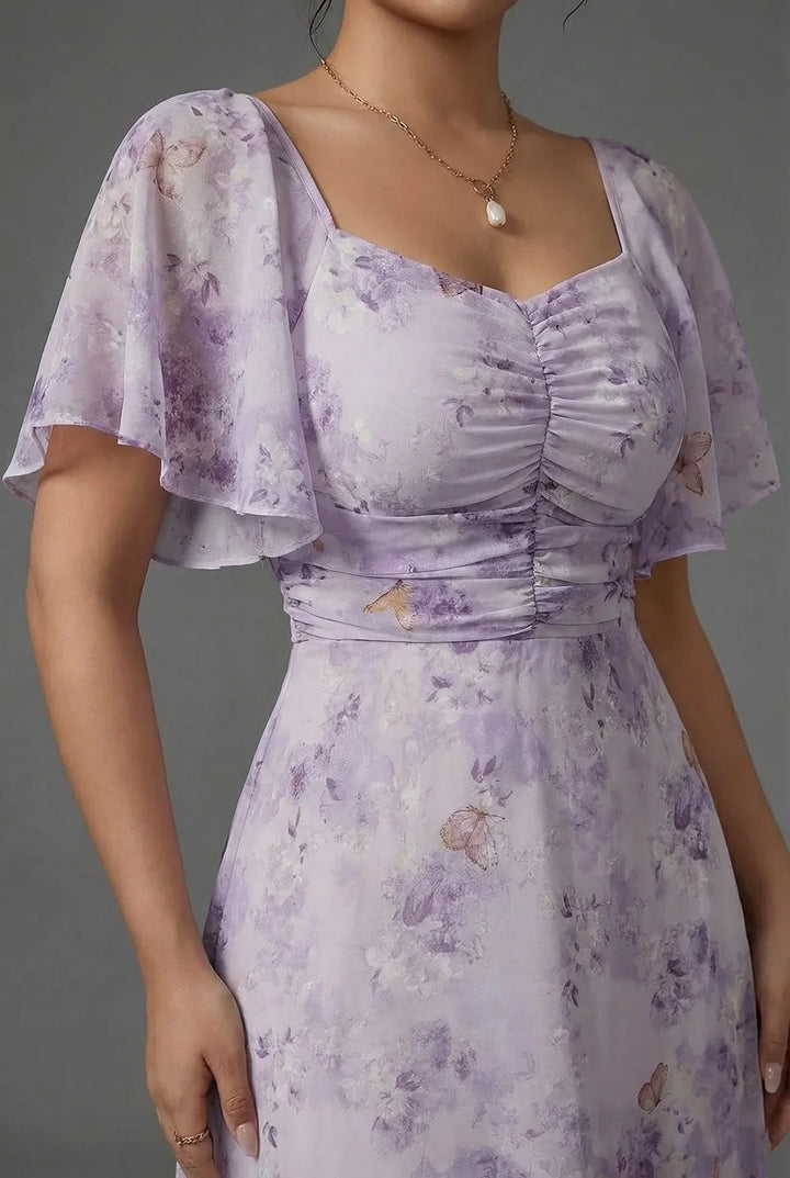 Floral Flutter Sleeve Wedding Guest Maxi Dress