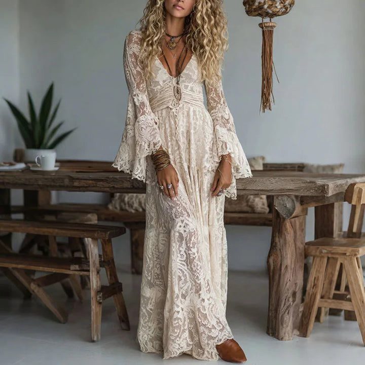 Embroidered Deep V-Neck Flare Sleeve Maxi Dress