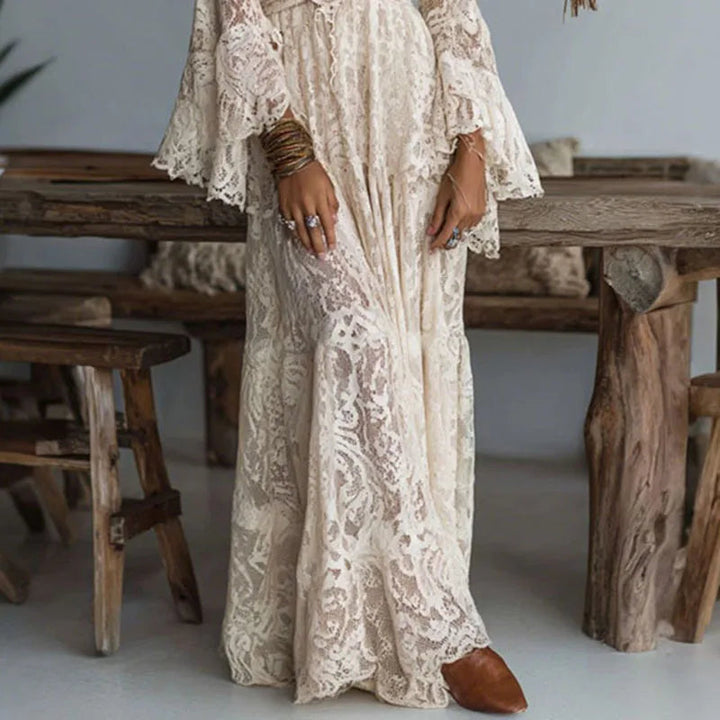 Embroidered Deep V-Neck Flare Sleeve Maxi Dress