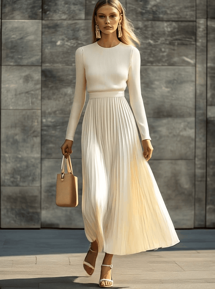Cream Knit Maxi Dress – Long Sleeve, Pleated Hem