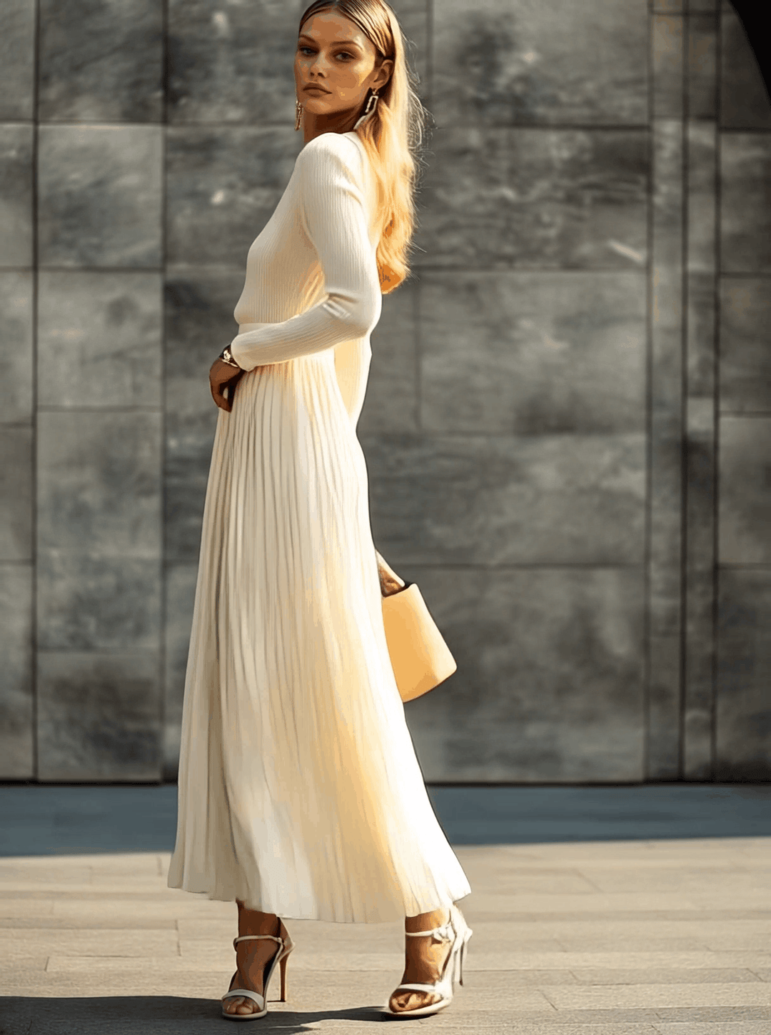 Cream Knit Maxi Dress – Long Sleeve, Pleated Hem