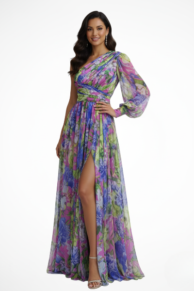 One-Shoulder Floral Wedding Guest Maxi Dress
