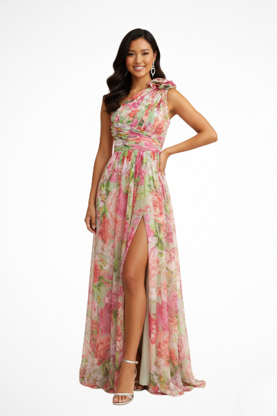 One-Shoulder Floral Wedding Guest Maxi Dress