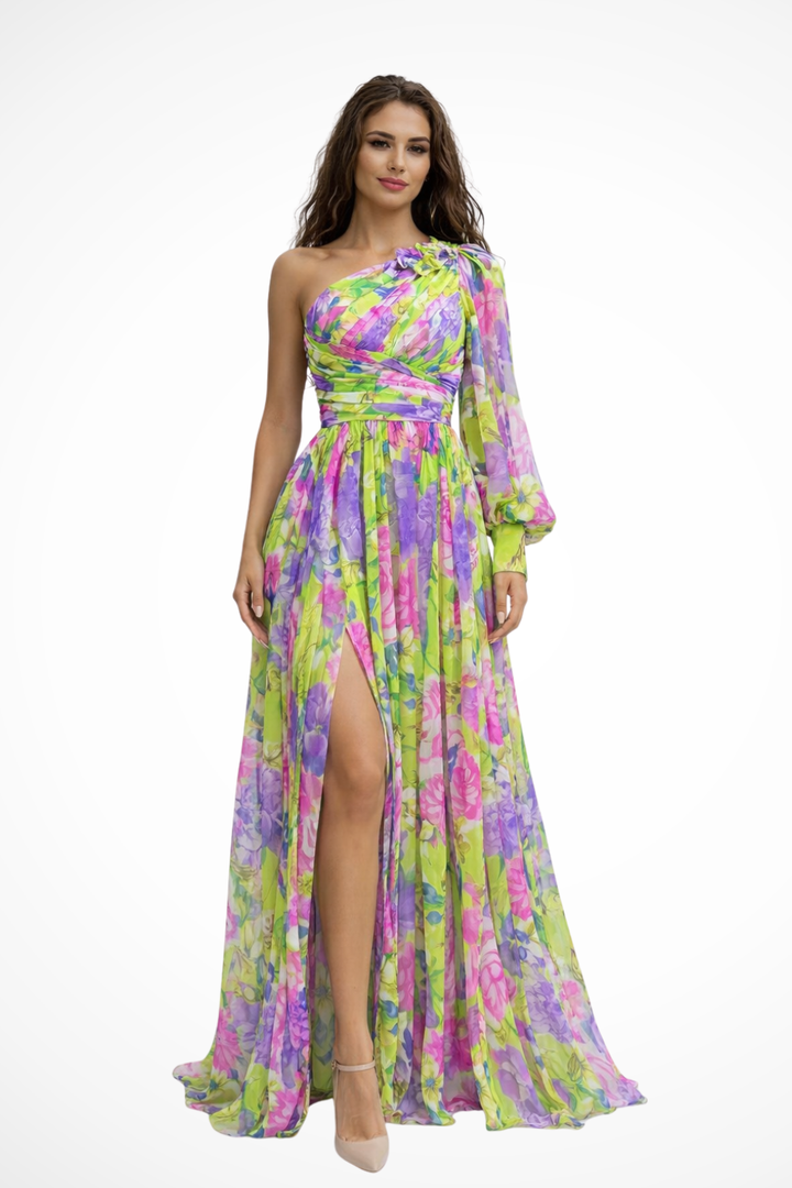 One-Shoulder Floral Wedding Guest Maxi Dress